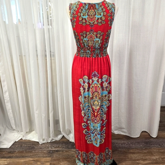 2/$30 Mlle Gabrielle Y2K Red Turquoise Long‎ Maxi Dress Size S Oversized - Picture 4 of 13